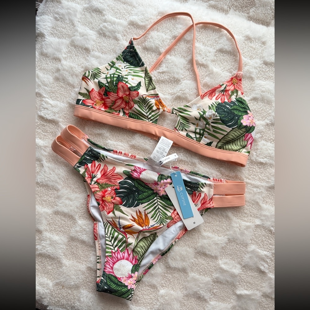 NWTCupshe Floral Print Bikini in Green and Pink - Picture 8 of 11